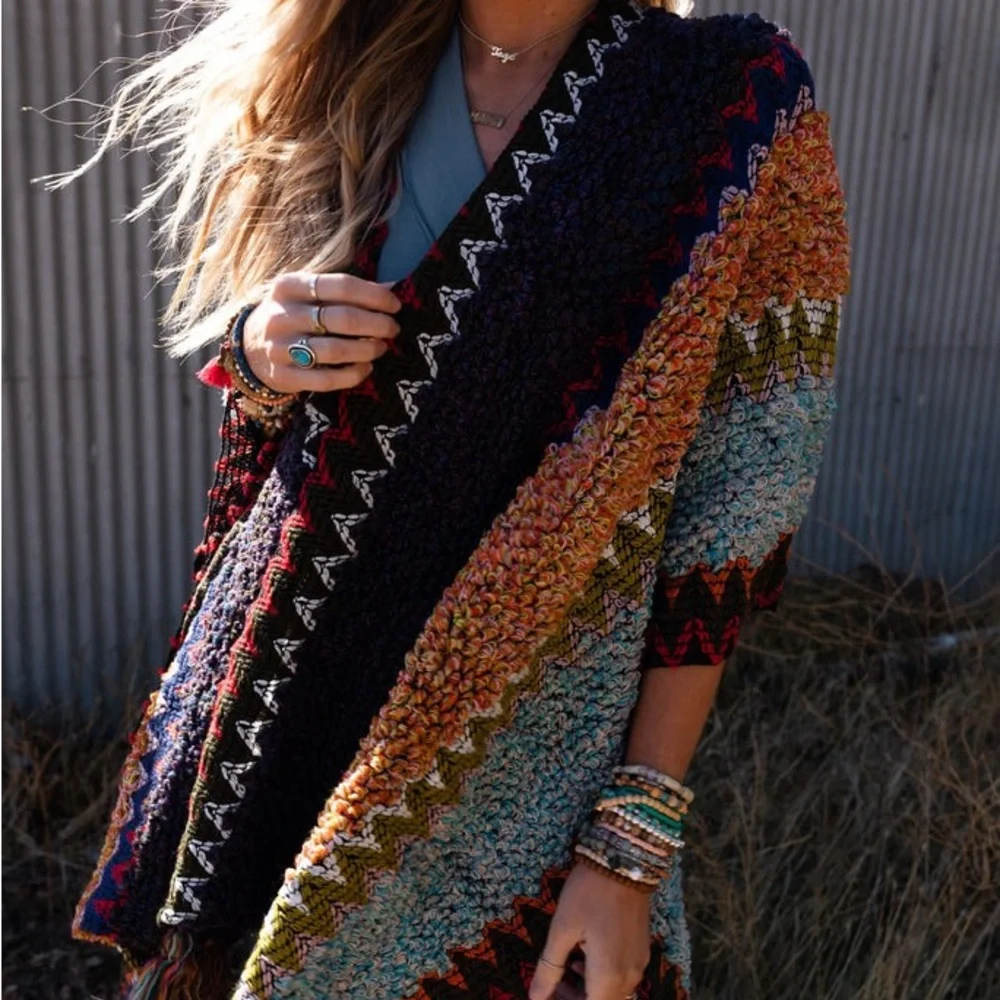 Colorful Crochet Patterned Ruana in Indigo - Picture 8 of 14